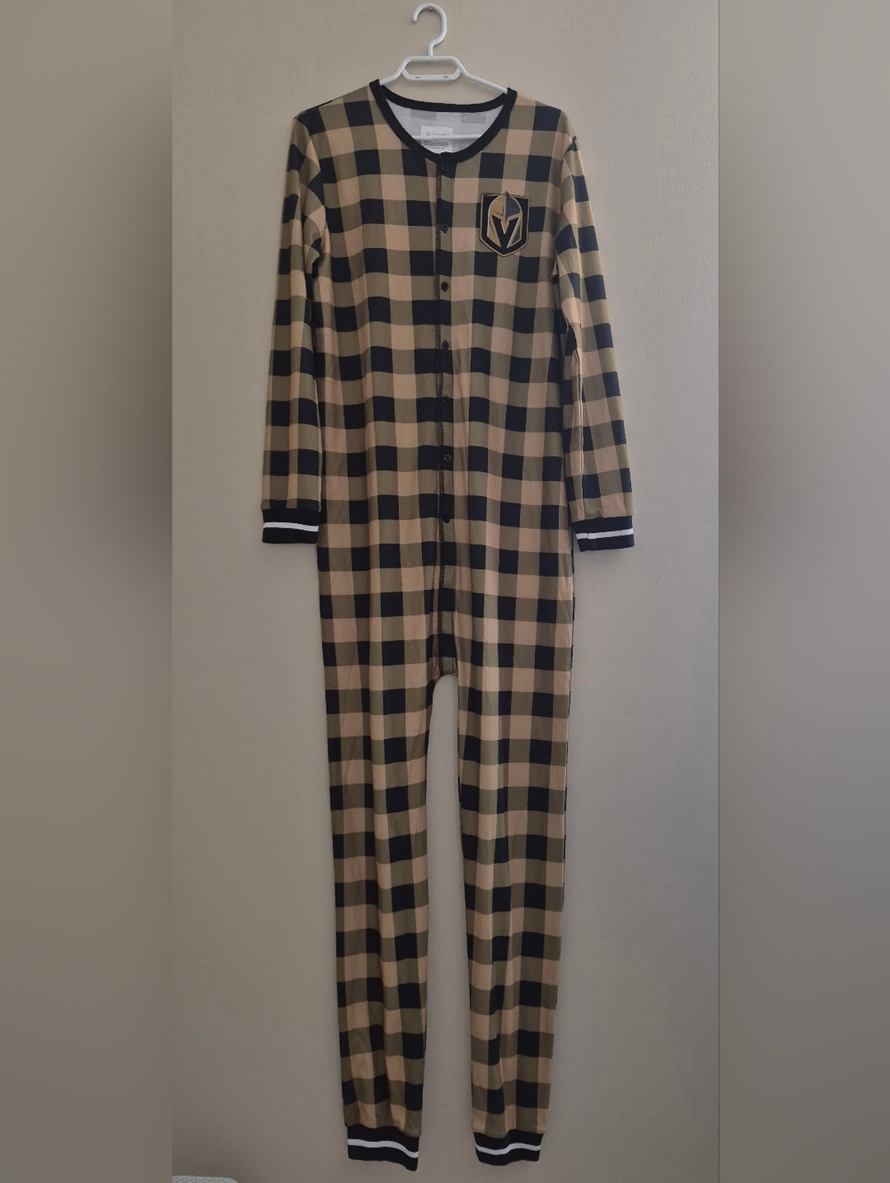 Men's Black and Cream Plaid Footed One-Piece Pajamas